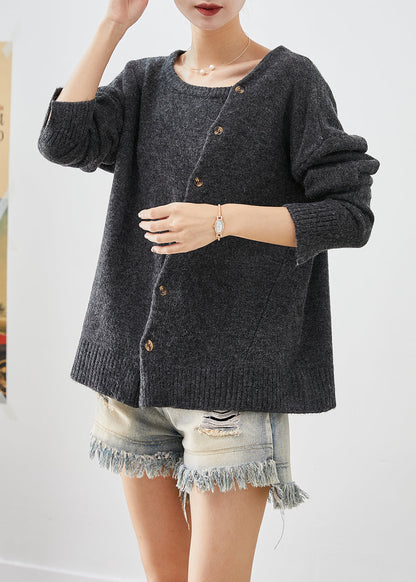 Dull Grey Asymmetrical Patchwork Button Knit Pullover Fall