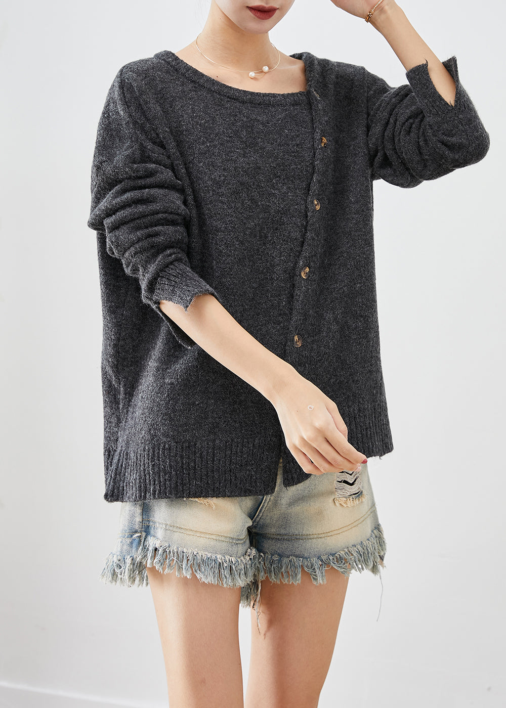 Dull Grey Asymmetrical Patchwork Button Knit Pullover Fall