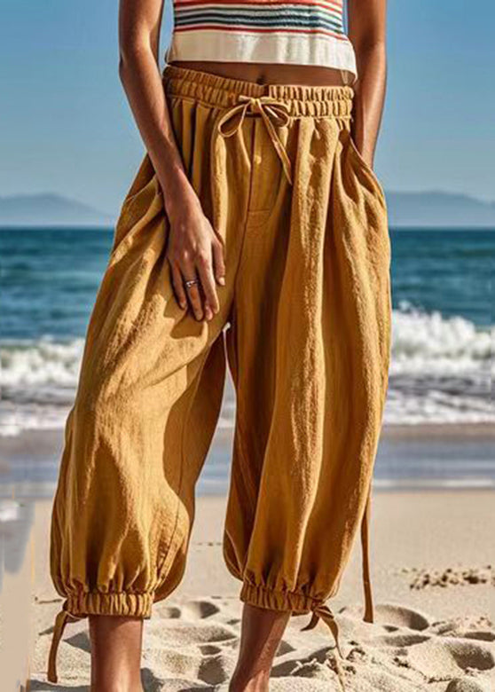 Earth Yellow Pockets Elastic Waist Lantern Pants Summer