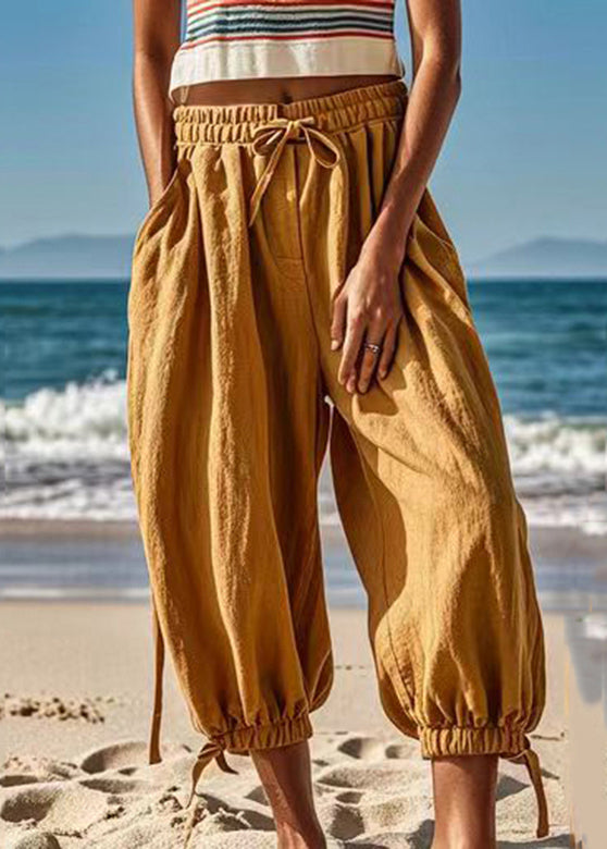 Earth Yellow Pockets Elastic Waist Lantern Pants Summer