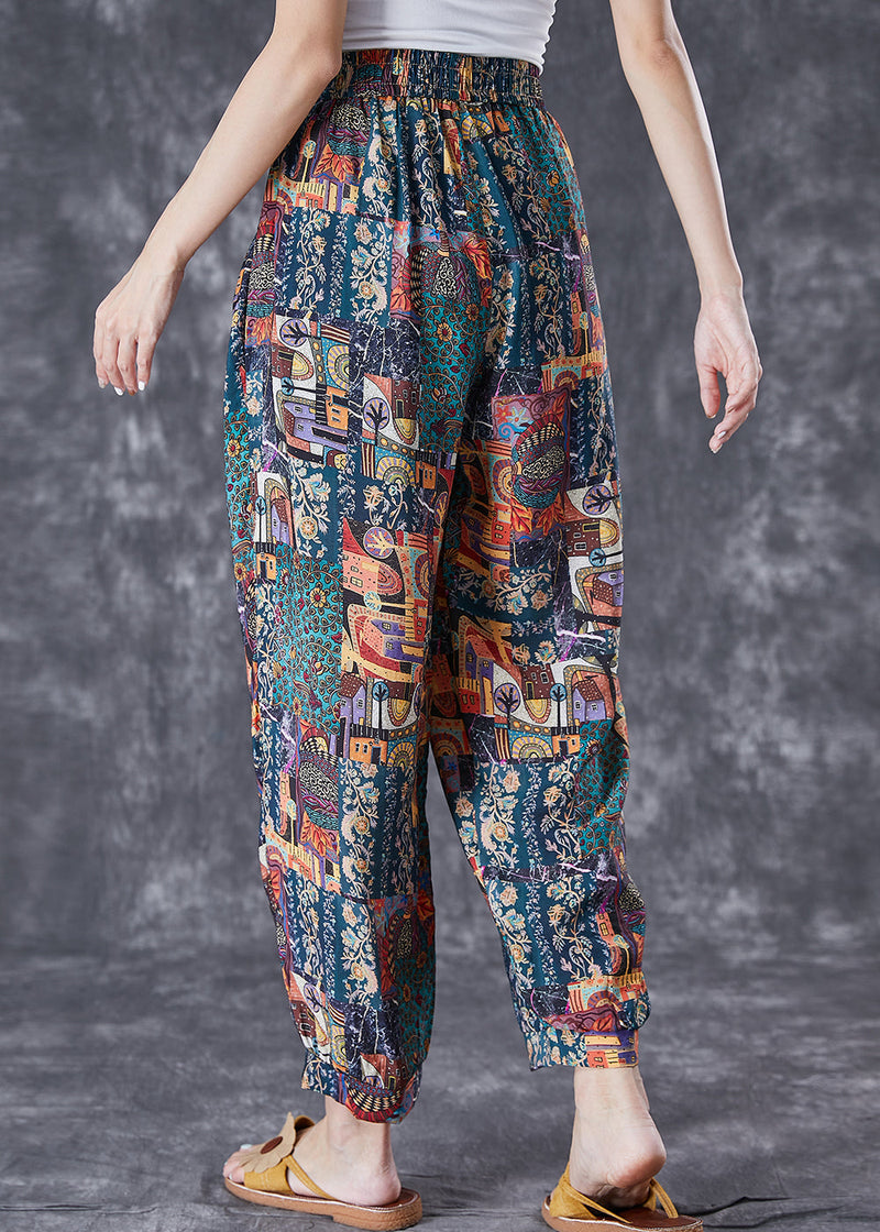 Elastic Waist Print Pockets Cotton Pants Summer