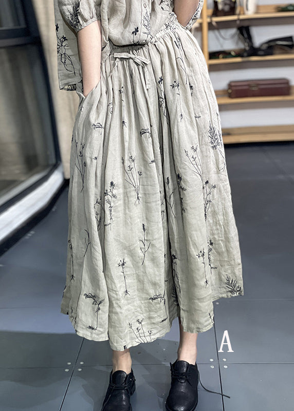 Embroidered Pockets Elastic Waist Linen Skirt Summer