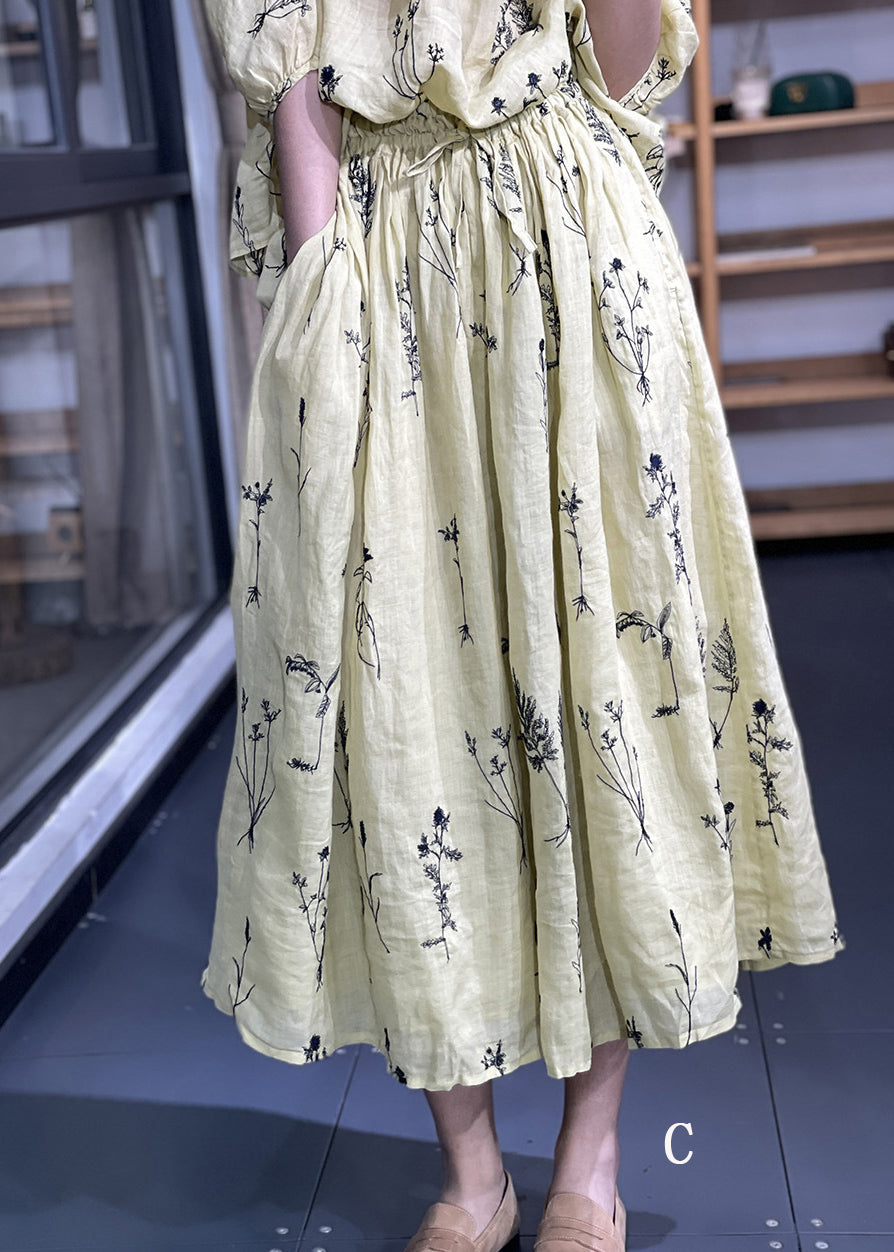 Embroidered Pockets Elastic Waist Linen Skirt Summer