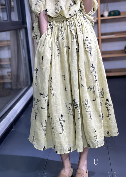 Embroidered Pockets Elastic Waist Linen Skirt Summer