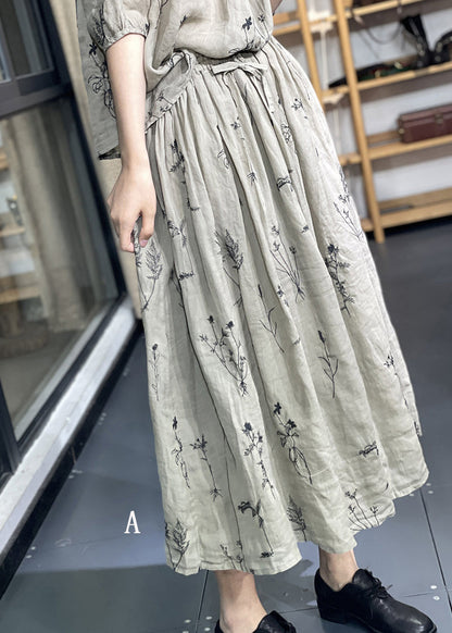 Embroidered Pockets Elastic Waist Linen Skirt Summer
