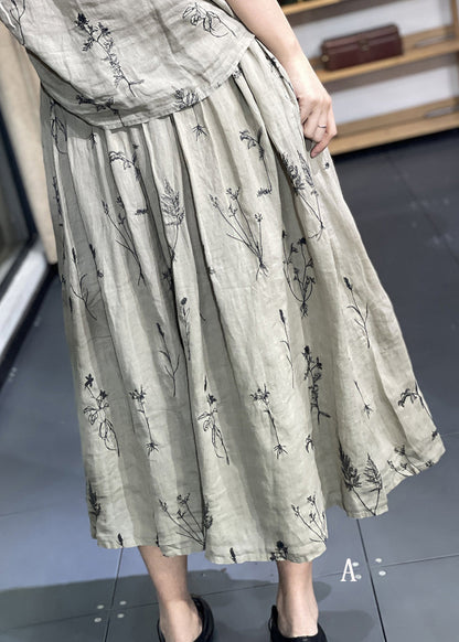Embroidered Pockets Elastic Waist Linen Skirt Summer