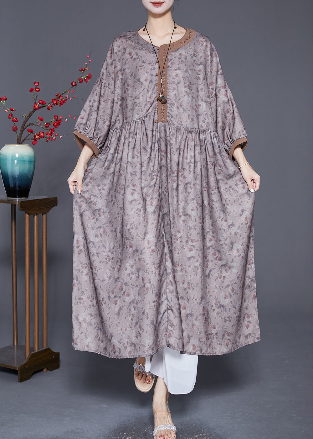Embroidered Print Wrinkled Linen Robe Dresses Summer