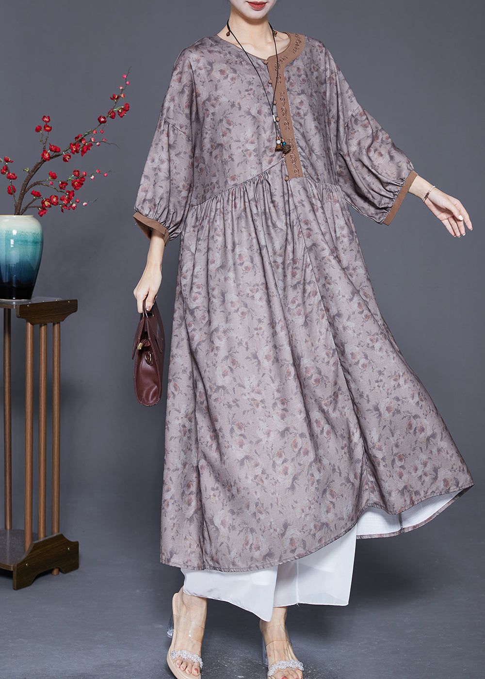 Embroidered Print Wrinkled Linen Robe Dresses Summer