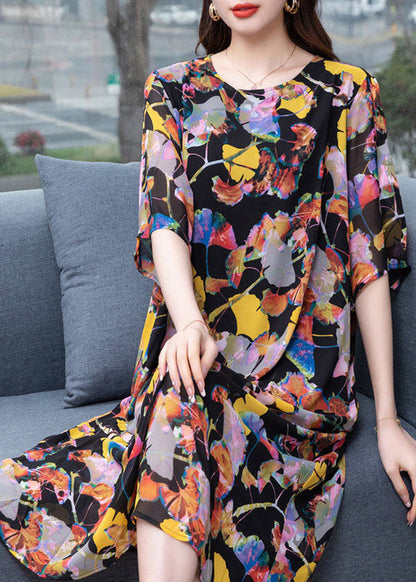 O Neck Wrinkled Patchwork Chiffon Dresses Summer