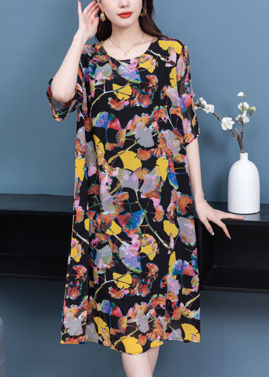 O Neck Wrinkled Patchwork Chiffon Dresses Summer
