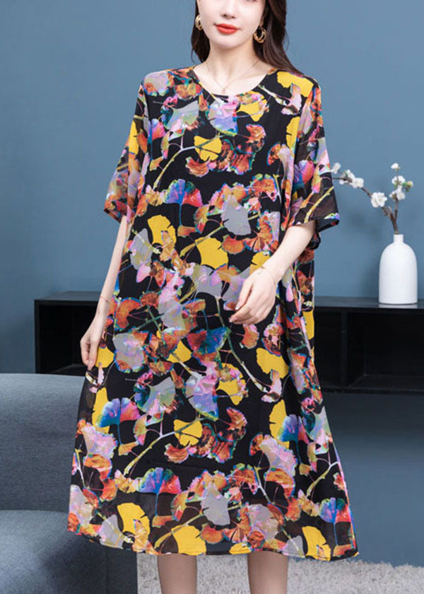 O Neck Wrinkled Patchwork Chiffon Dresses Summer