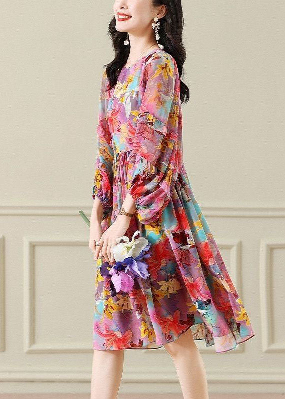 O Neck Wrinkled Patchwork Chiffon Long Dress Summer