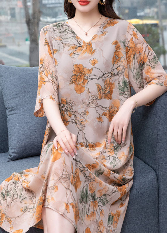 V Neck Print Patchwork Silk Mid Dress Summer