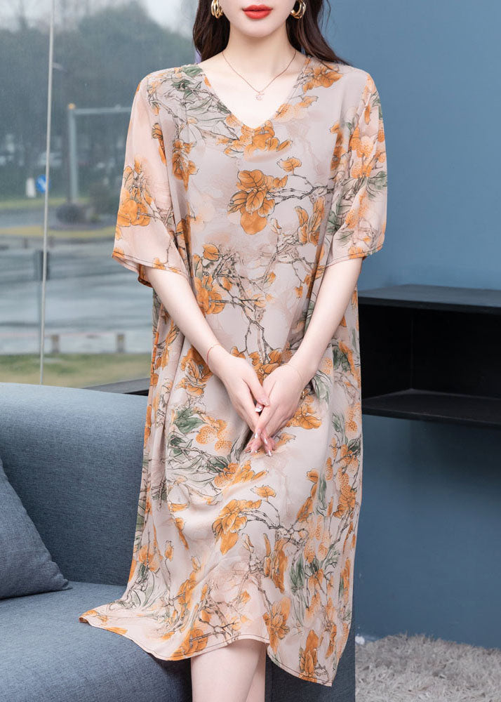 V Neck Print Patchwork Silk Mid Dress Summer