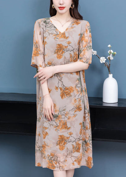 V Neck Print Patchwork Silk Mid Dress Summer