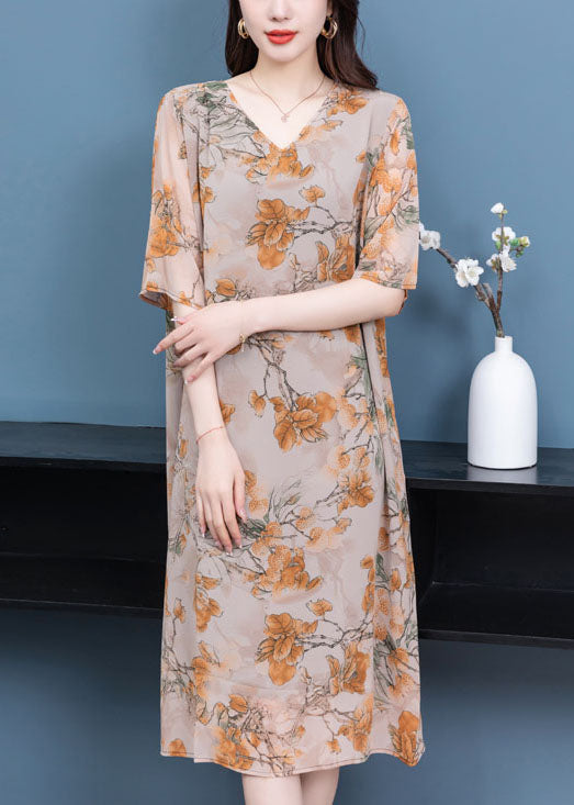 V Neck Print Patchwork Silk Mid Dress Summer