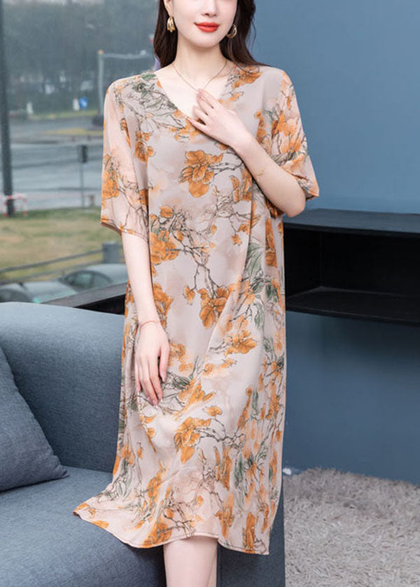 V Neck Print Patchwork Silk Mid Dress Summer