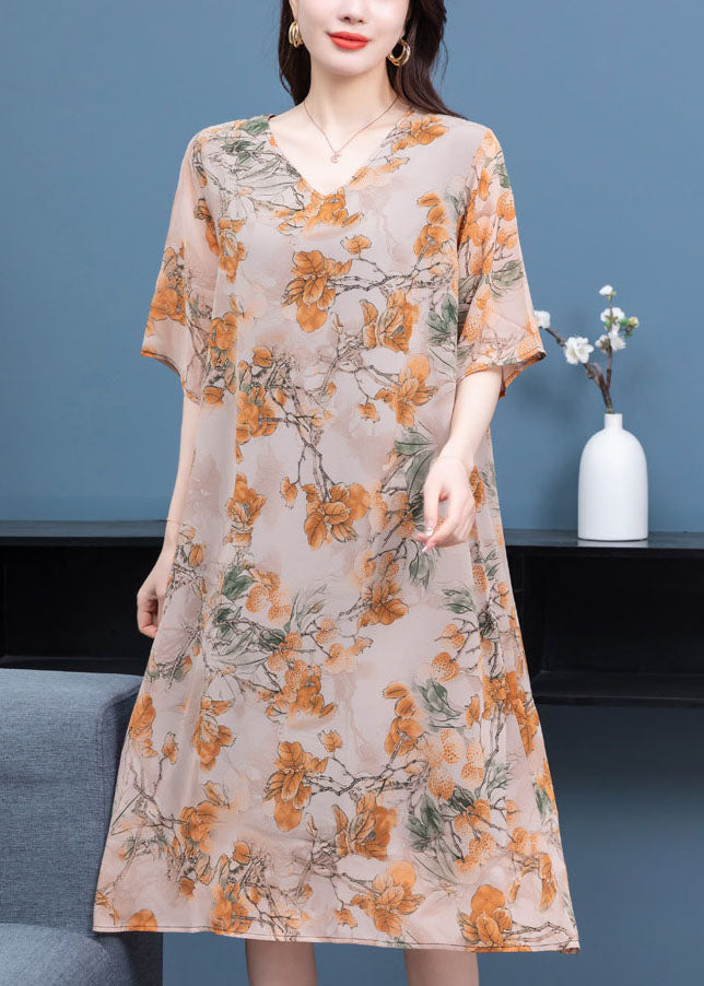 V Neck Print Patchwork Silk Mid Dress Summer