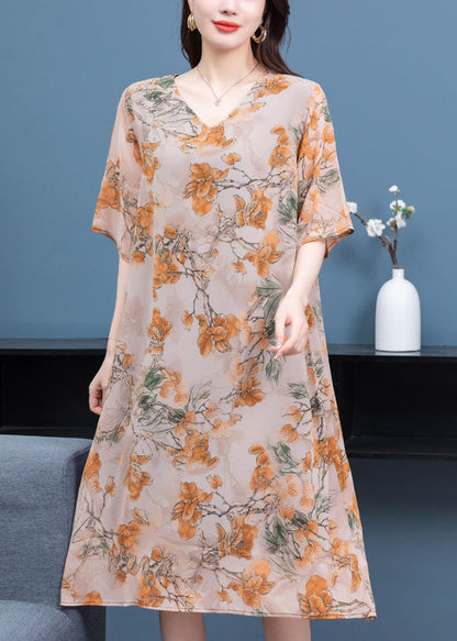V Neck Print Patchwork Silk Mid Dress Summer