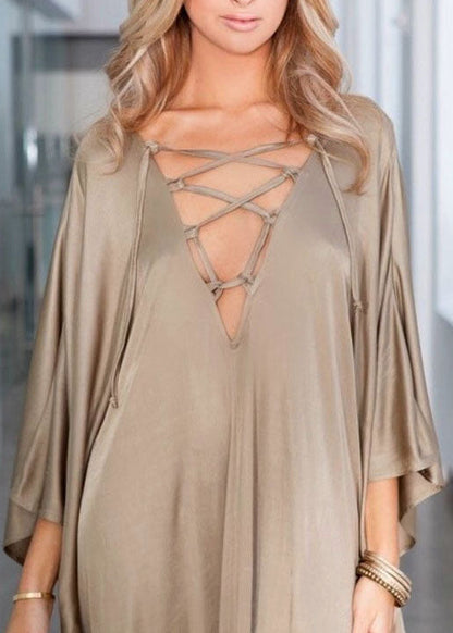 Gold Frenulum Chiffon Batwing Sleeve Kimono Robe Summer Maxi Dress