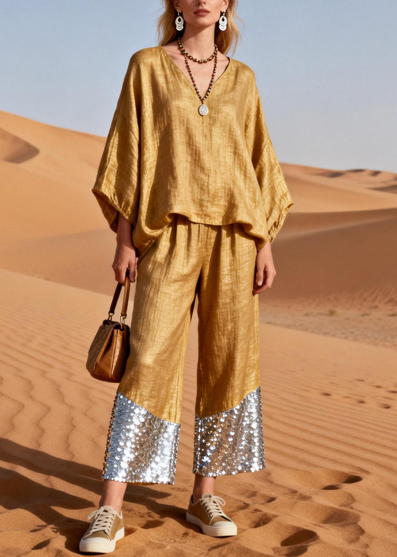 Gold V Neck Sequins Patchwork Oversized Linen Two Piece Set Spring