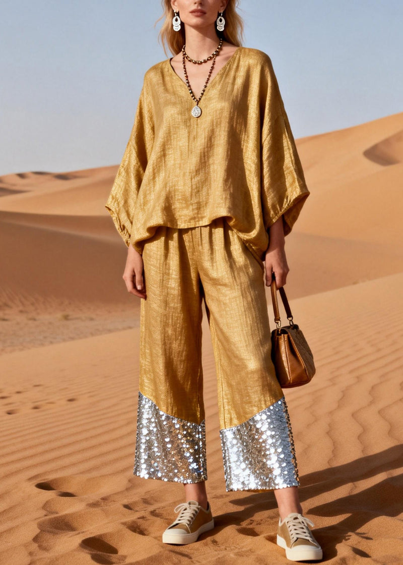 Gold V Neck Sequins Patchwork Oversized Linen Two Piece Set Spring