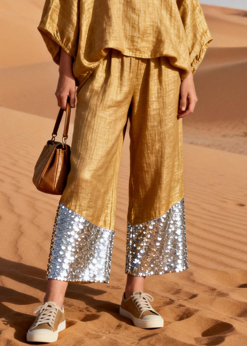 Gold V Neck Sequins Patchwork Oversized Linen Two Piece Set Spring