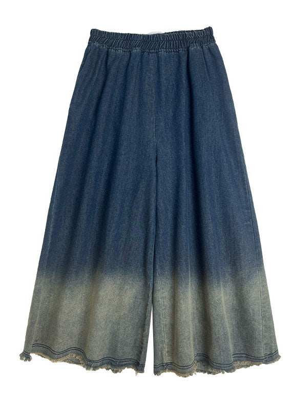 Gradient Blue Pockets Denim Wide Leg Pants Spring