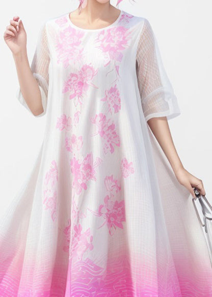 Gradient Color O Neck Print Silk Dress Summer