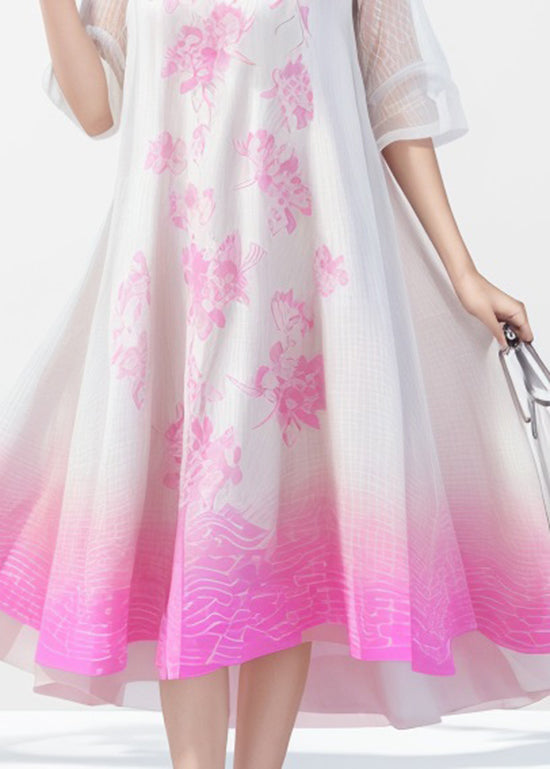 Gradient Color O Neck Print Silk Dress Summer