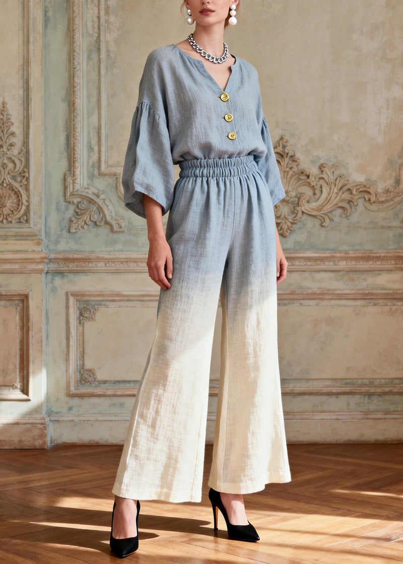 Gradient Color V Neck Patchwork Linen Two Pieces Set Summer