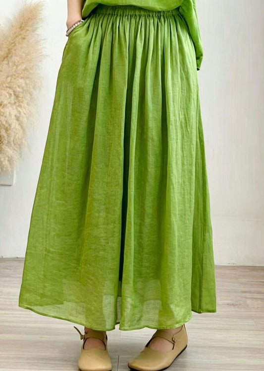 Grass Green Pockets Wrinkled Linen Skirt Summer