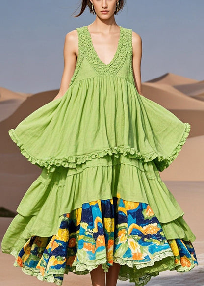 Grass Green Ruffled Patchwork Cotton Dress Summer