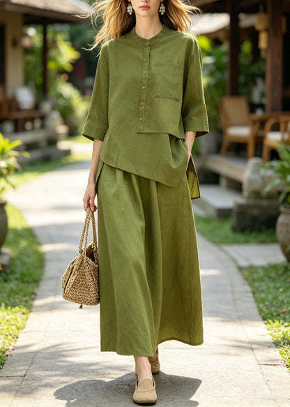 Green Asymmetrical Top and Skirts Cotton 2 Piece Outfit Summer