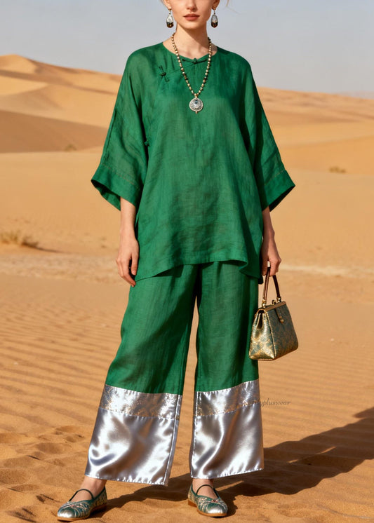 Green Chinese Button Patchwork Linen Two Pieces Set