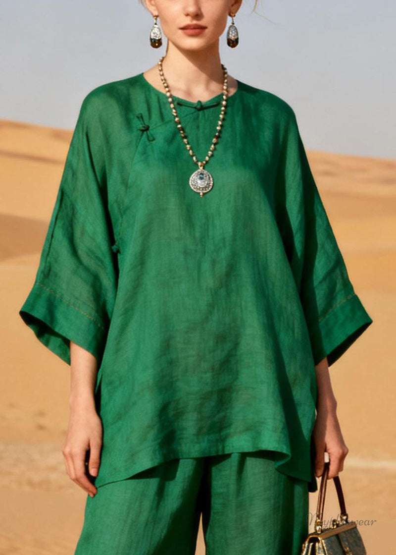 Green Chinese Button Patchwork Linen Two Pieces Set