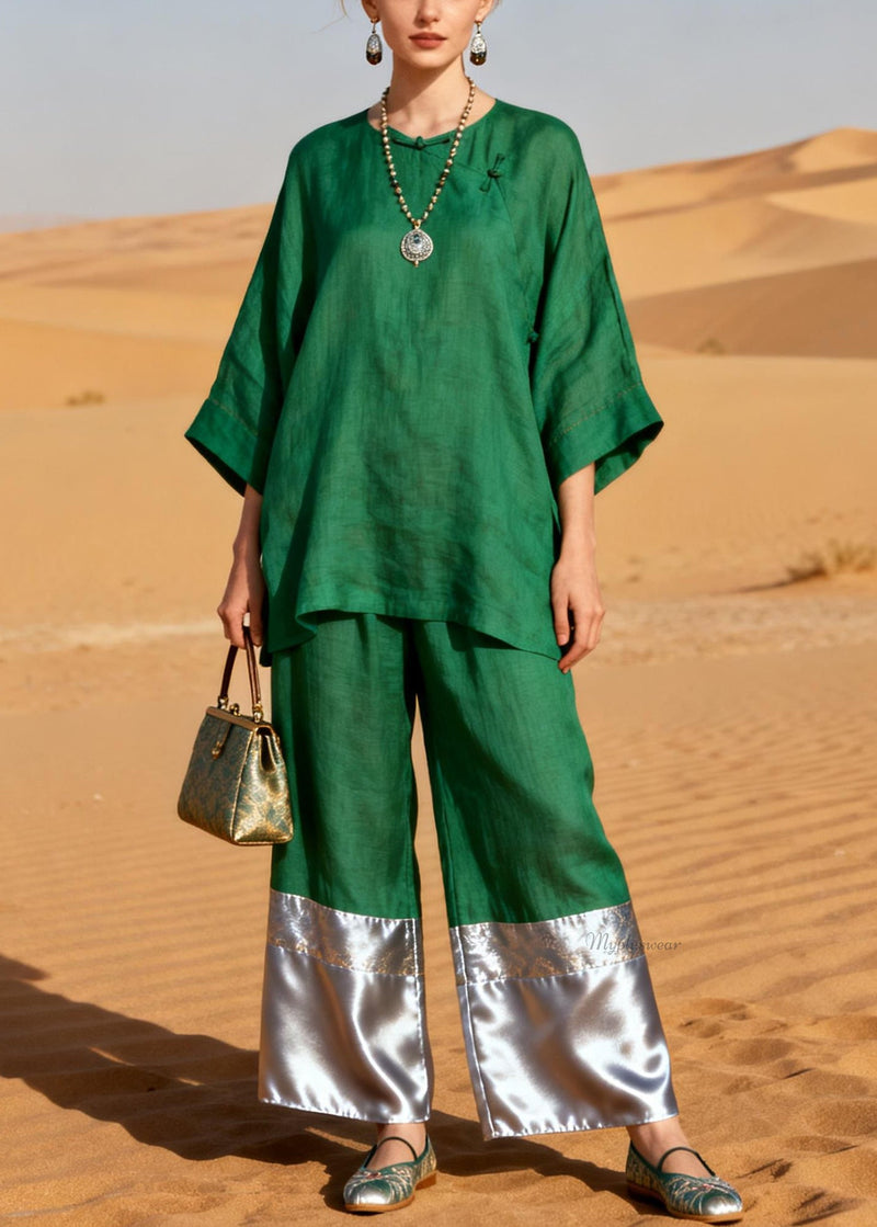 Green Chinese Button Patchwork Linen Two Pieces Set
