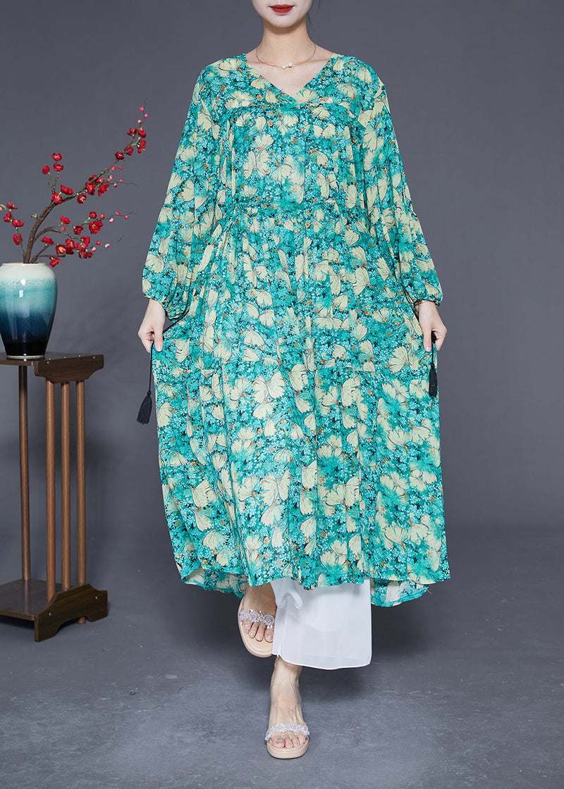 Green Cinched Print Chiffon Maxi Dresses Lantern Sleeve