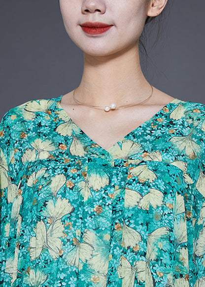 Green Cinched Print Chiffon Maxi Dresses Lantern Sleeve