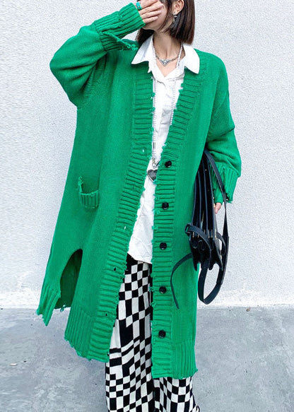 Green Hole Side Open Button Fall Knit Long Sleeve Cardigan