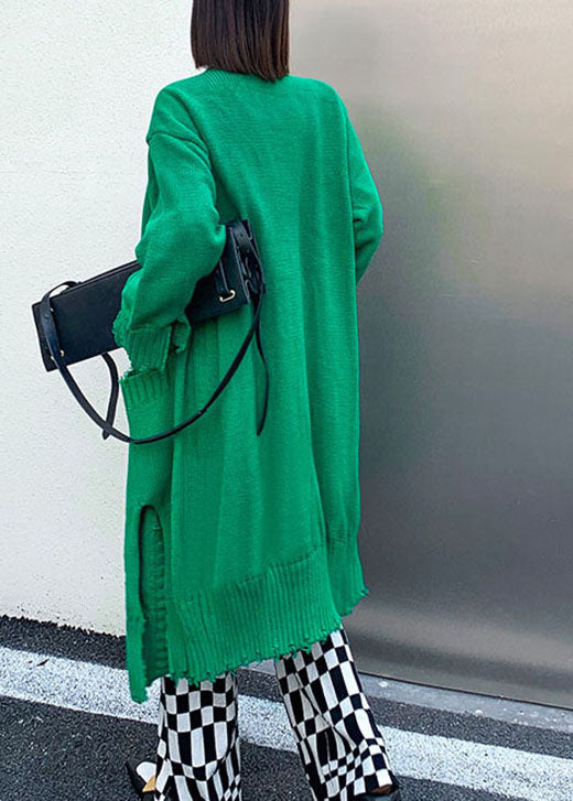 Green Hole Side Open Button Fall Knit Long Sleeve Cardigan