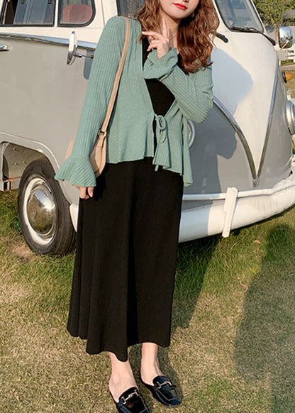 Green Lace Up Patchwork Knit 2 Piece Outfit Flare Sleeve