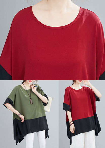 Green O Neck Patchwork Chiffon T Shirts Top Summer