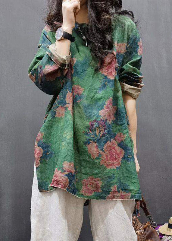 Green O-neck Patchwork Linen Shirts Fall