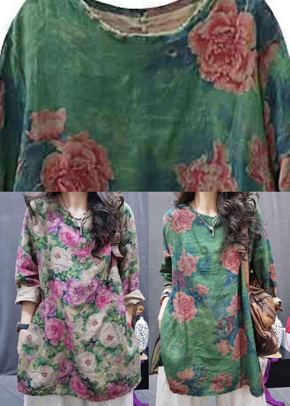 Green O-neck Patchwork Linen Shirts Fall