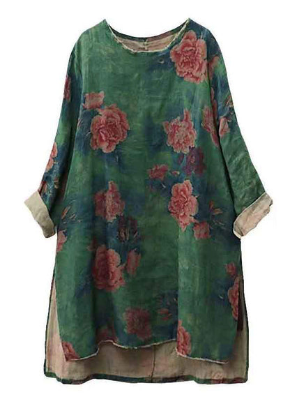 Green O-neck Patchwork Linen Shirts Fall