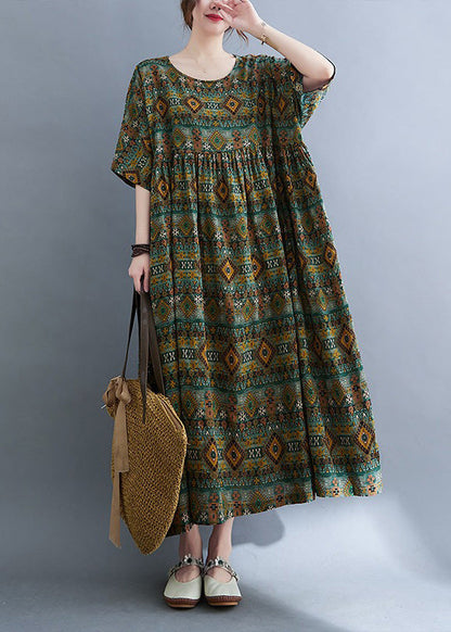 Green O-neck Patchwork Wrinkled Party Maxi Dress Short Sleeve