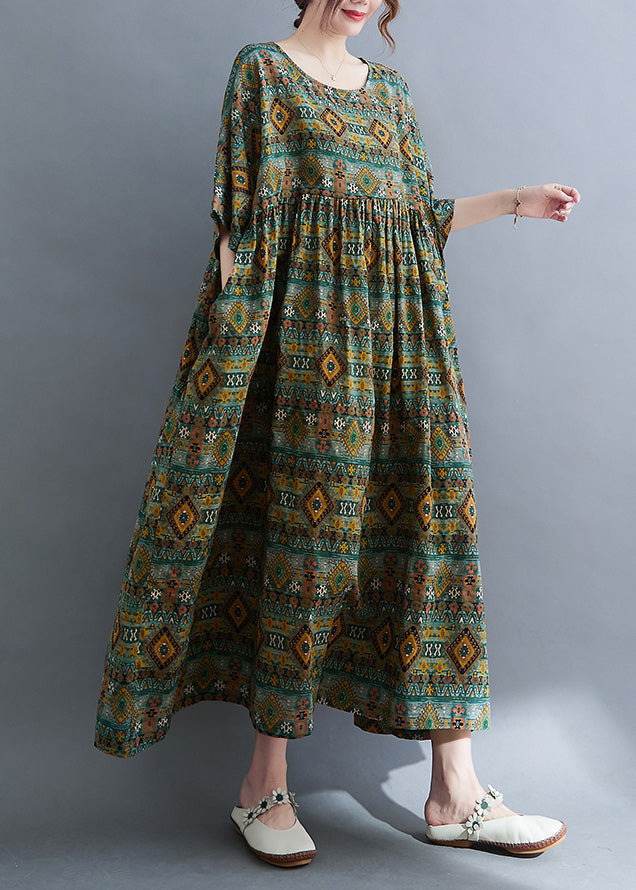 Green O-neck Patchwork Wrinkled Party Maxi Dress Short Sleeve