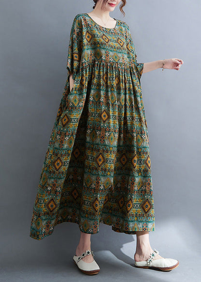 Green O-neck Patchwork Wrinkled Party Maxi Dress Short Sleeve