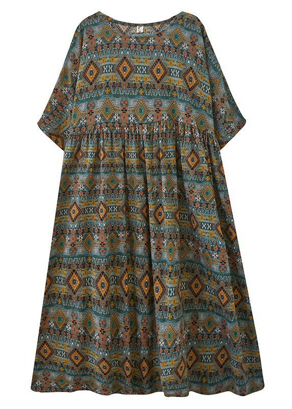 Green O-neck Patchwork Wrinkled Party Maxi Dress Short Sleeve